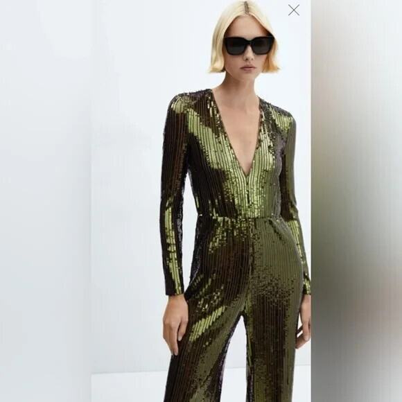 Mango Sequined GORGEOUS Green Jumpsuit Size Large Stretchy Nordstrom Sparkly NEW - Picture 1 of 4
